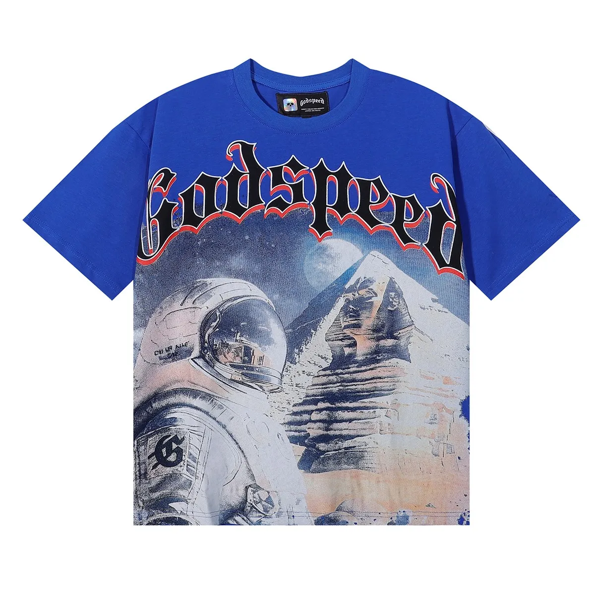 No. 7053, Mechao Godspeed space suit pyramid print high quality double yarn pure cotton casual round neck short-sleeved T-shirt batch 110 Color: black, blue; Size: S M L XL