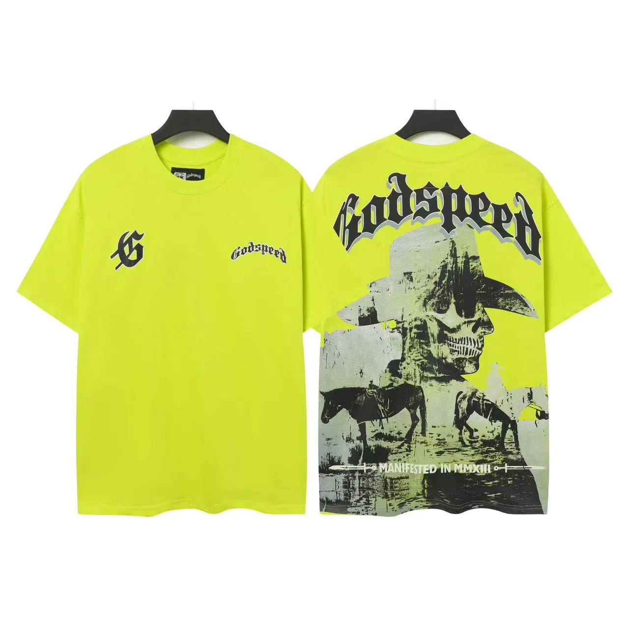 5035# Fluorescent Green｜P104 Godspeed cross-border American rock and roll street washed retro style short-sleeved T (craft printing) fabric (fabric) 32-count combed double yarn 240 grams weight code number (size): S-M-L-XL color (colour): fluorescent green