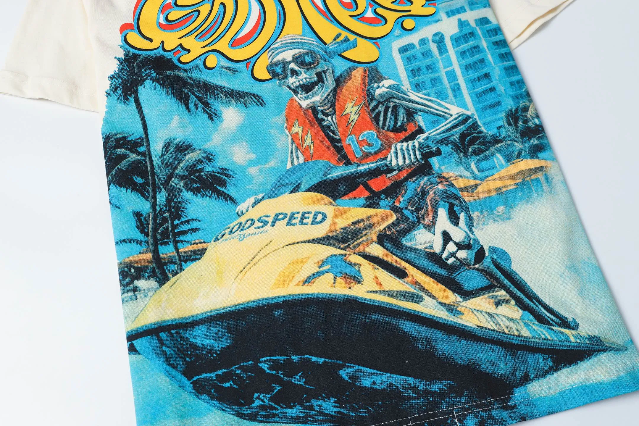 5081#apricot | P104 Godspeed cross-border American rock and roll street washed retro style short-sleeved T (craft printing) fabric (fabric) 32 counts combed double yarn 240 grams weight code number (size): S-M-L-XL color (colour): apricot