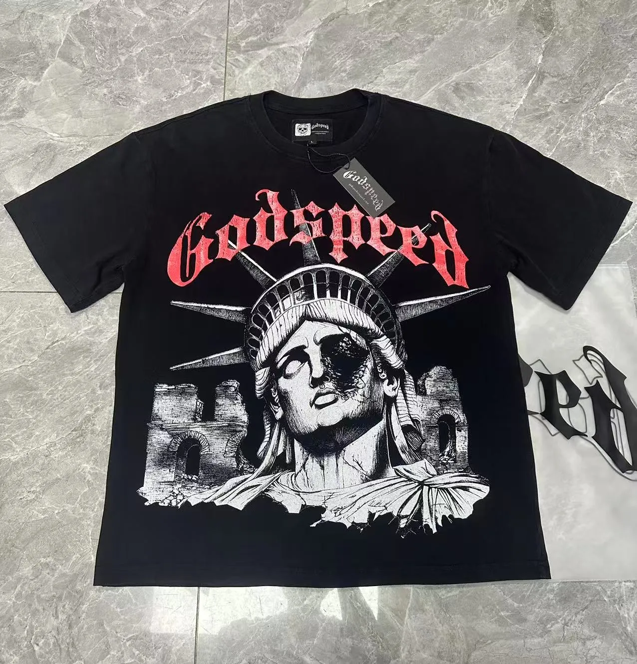 58💰6086#washed black｜Godspeed cross-border American rock and roll street washed retro style short-sleeved T (craft print) fabric (fabric): 32 count combed double yarn 250g weight size (size): S-M-L-XL color (colour): washed black 👉 👉