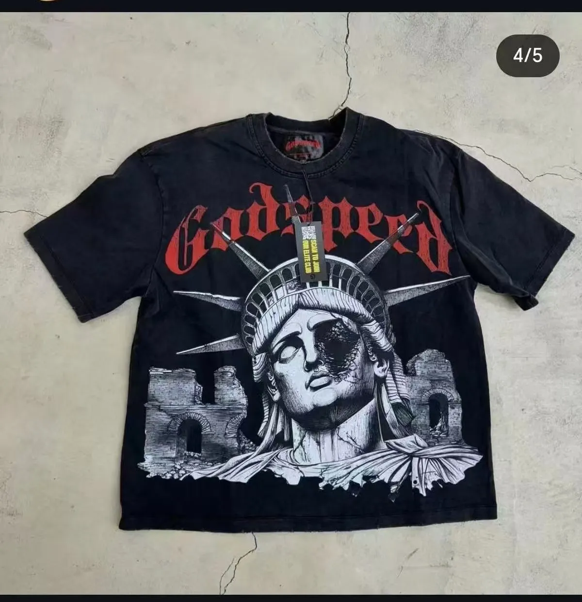 58💰6086#washed black｜Godspeed cross-border American rock and roll street washed retro style short-sleeved T (craft print) fabric (fabric): 32 count combed double yarn 250g weight size (size): S-M-L-XL color (colour): washed black 👉 👉