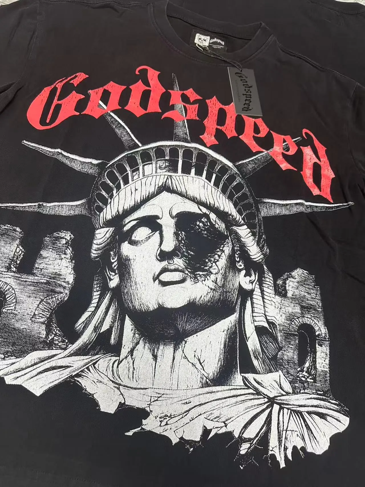 58💰6086#washed black｜Godspeed cross-border American rock and roll street washed retro style short-sleeved T (craft print) fabric (fabric): 32 count combed double yarn 250g weight size (size): S-M-L-XL color (colour): washed black 👉 👉