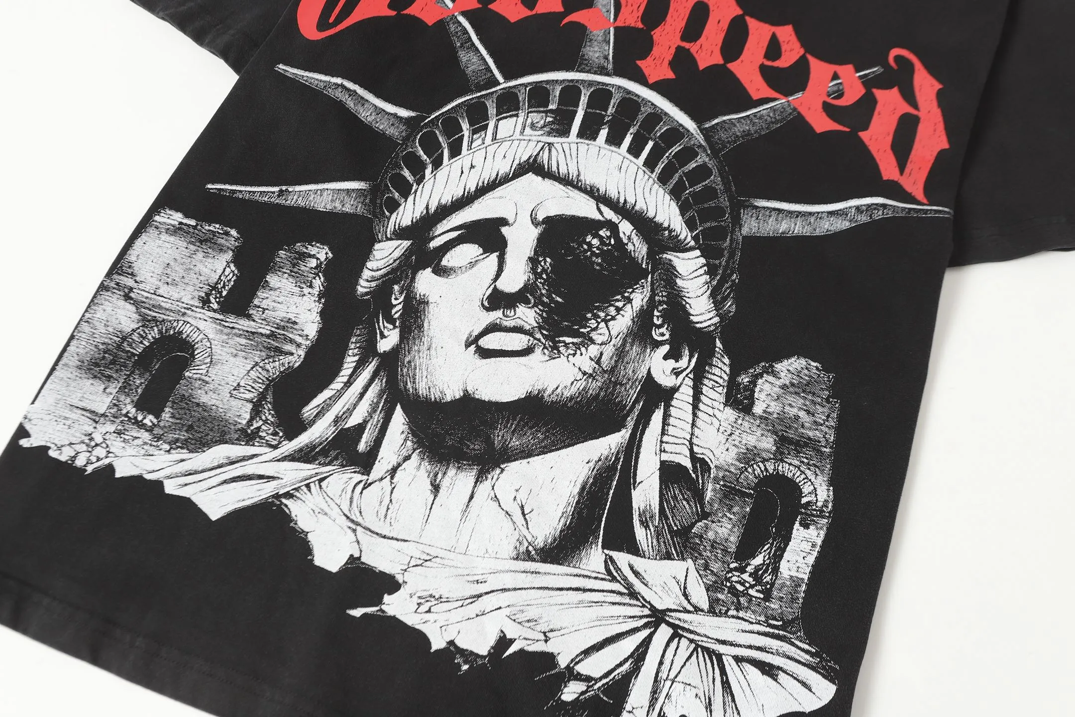 58💰6086#washed black｜Godspeed cross-border American rock and roll street washed retro style short-sleeved T (craft print) fabric (fabric): 32 count combed double yarn 250g weight size (size): S-M-L-XL color (colour): washed black 👉 👉