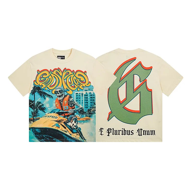 3111# P106 Real shot Godspeed American fashion rock street retro loose printed cotton short sleeves Fabric: 240g 32 count fine cotton double yarn pure cotton Color: apricot Size: S M L XL