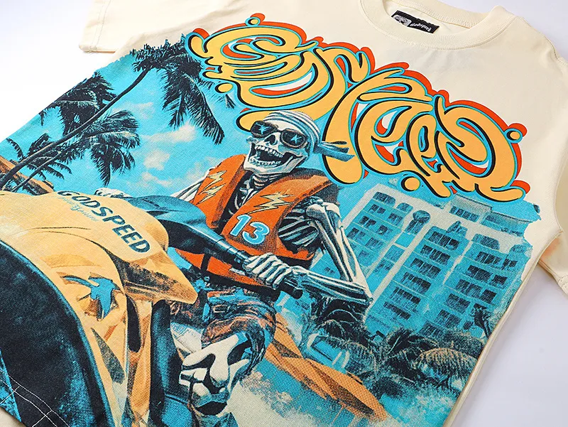 3111# P106 Real shot Godspeed American fashion rock street retro loose printed cotton short sleeves Fabric: 240g 32 count fine cotton double yarn pure cotton Color: apricot Size: S M L XL