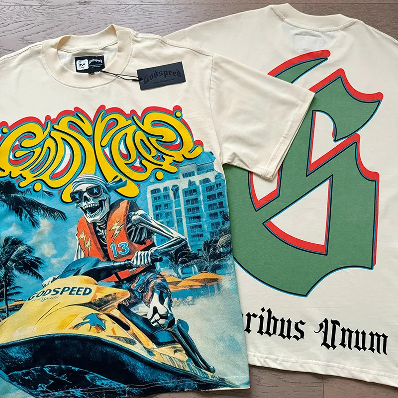 3111# P106 Real shot Godspeed American fashion rock street retro loose printed cotton short sleeves Fabric: 240g 32 count fine cotton double yarn pure cotton Color: apricot Size: S M L XL