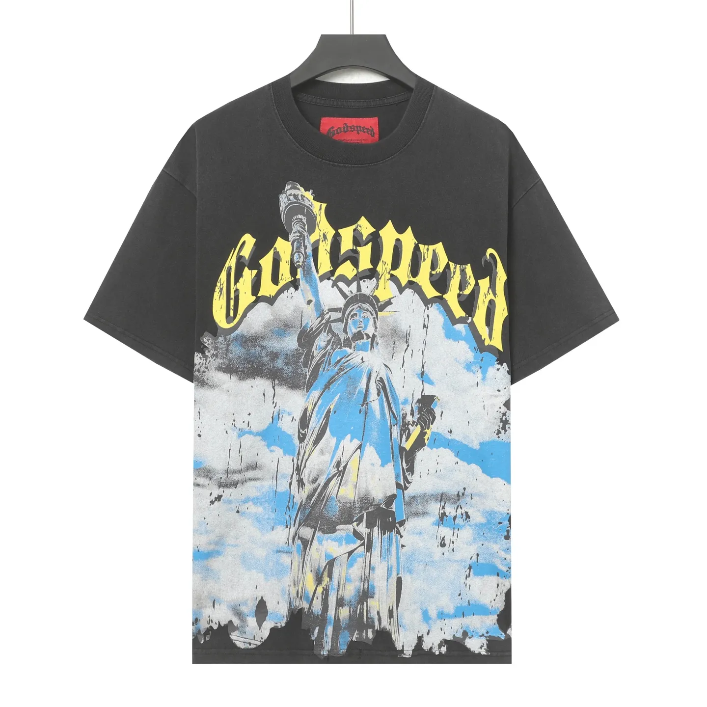 6010#washed black/washed denim blue｜P116 Godspeed cross-border American rock and roll street washed retro style short-sleeved T (craft printing) fabric (fabric): 32-count combed double yarn 250g weight code (size): S-M-L-XL color (colour): washed black, washed denim blue