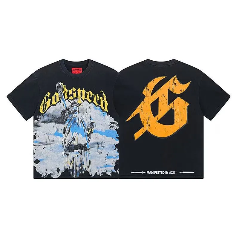 6010#washed black/washed denim blue｜P116 Godspeed cross-border American rock and roll street washed retro style short-sleeved T (craft printing) fabric (fabric): 32-count combed double yarn 250g weight code (size): S-M-L-XL color (colour): washed black, washed denim blue