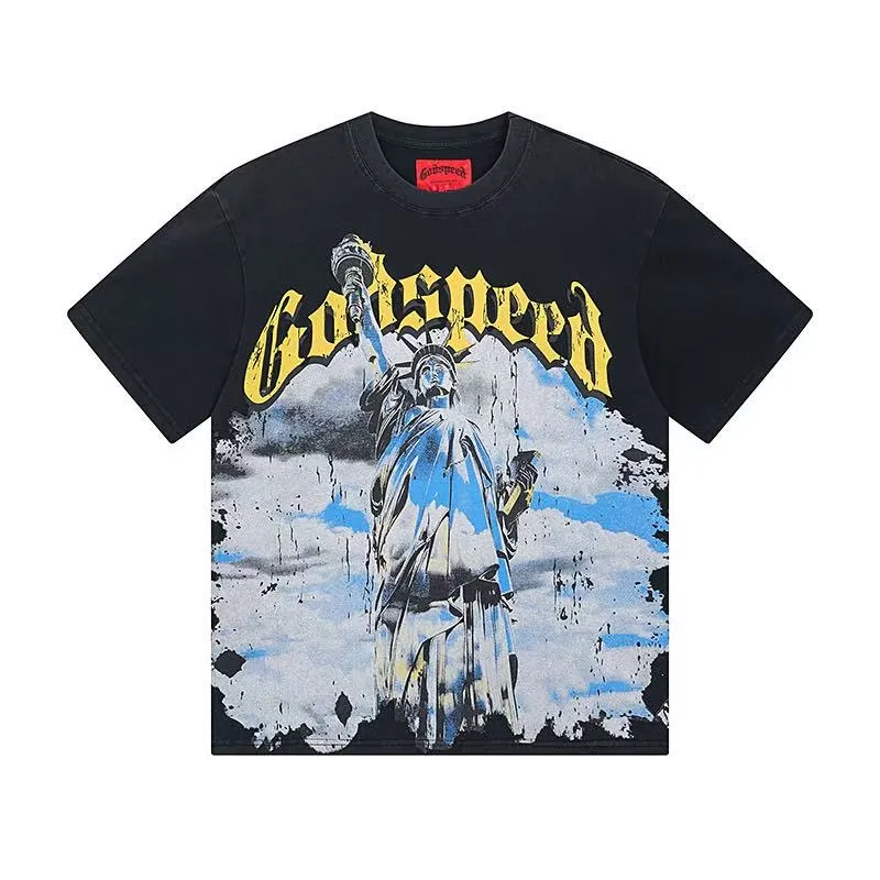 6010#washed black/washed denim blue｜P116 Godspeed cross-border American rock and roll street washed retro style short-sleeved T (craft printing) fabric (fabric): 32-count combed double yarn 250g weight code (size): S-M-L-XL color (colour): washed black, washed denim blue
