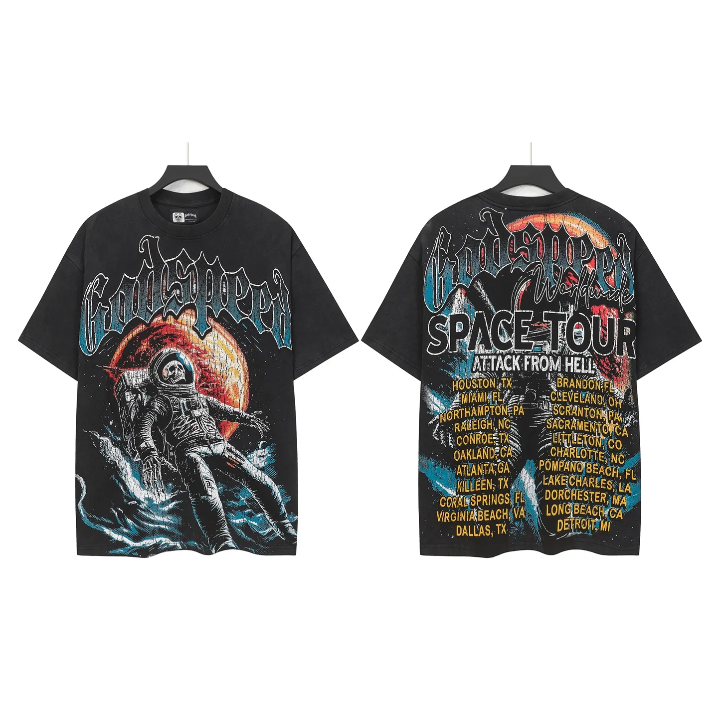 6131# Washed black I P116 Real stock (American fashion niche) Godspeed cross-border American rock street washed retro style short-sleeved T (craft printing) Fabric (fabric): 32 counts combed double yarn 250 grams weight Code number (size): S-M-L-XL Color (colour) Washed black