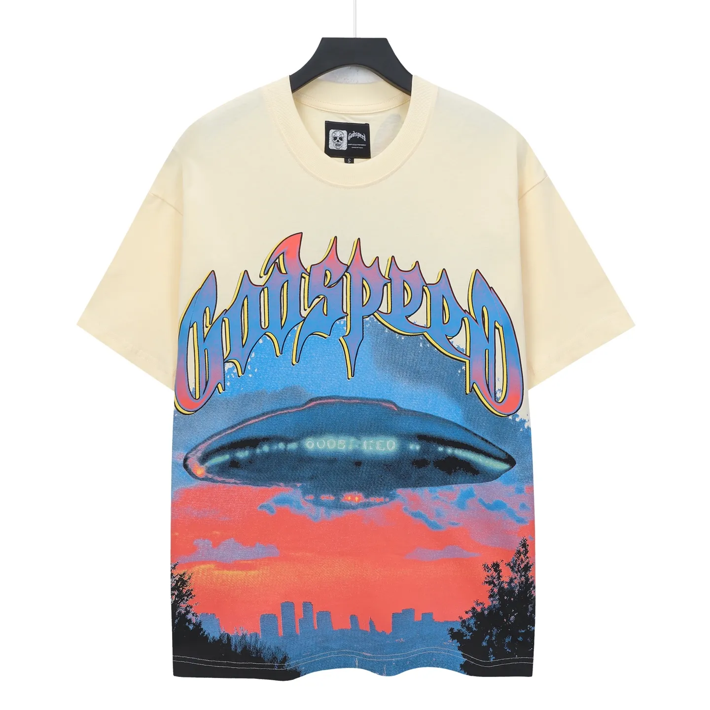 5140#apricot | P104 Godspeed cross-border American rock and roll street washed retro style short-sleeved T (craft printing) fabric (fabric) 32 counts combed double yarn 240 grams weight code number (size): S-M-L-XL color (colour): apricot