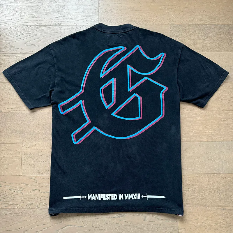 1075# P126 Washed Black Real Shot Godspeed American Fashion Rock Street Retro Washed Distressed Printed Cotton Short Sleeves Fabric: 250g 32 Count Fine Cotton Double Yarn Pure Cotton Color: Washed Black Size: S M L XL