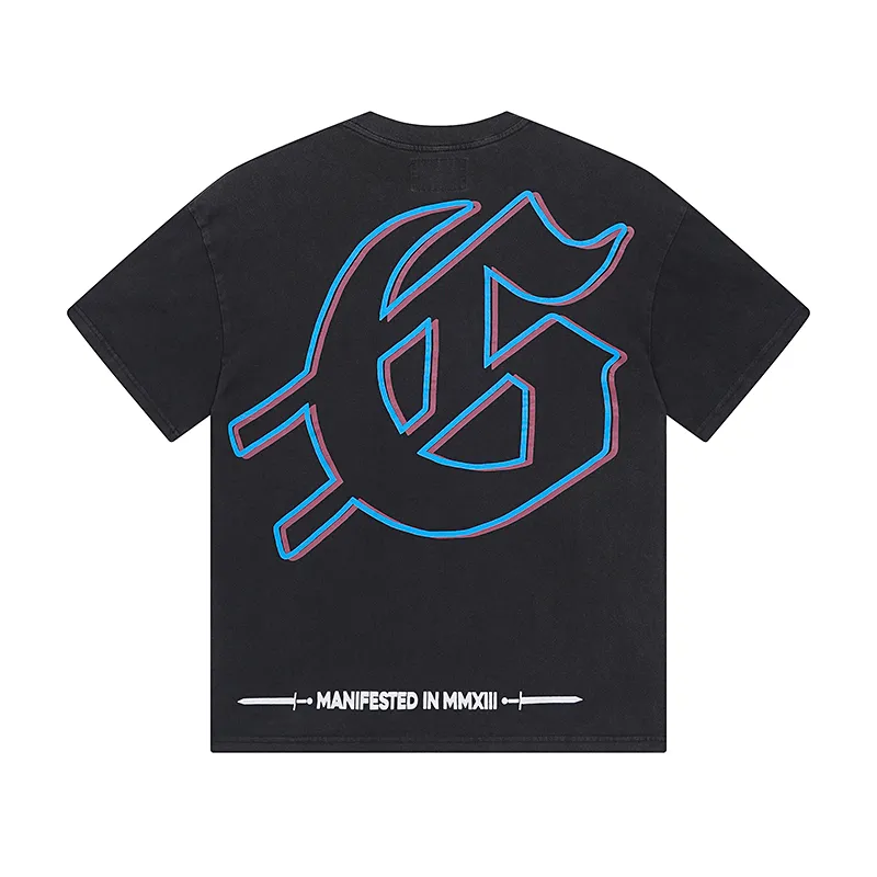 1075# P126 Washed Black Real Shot Godspeed American Fashion Rock Street Retro Washed Distressed Printed Cotton Short Sleeves Fabric: 250g 32 Count Fine Cotton Double Yarn Pure Cotton Color: Washed Black Size: S M L XL