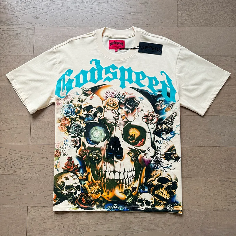 3001# P110 Real shot Godspeed American fashion rock street retro loose printed cotton short sleeves Fabric: 240g 32 count fine cotton double yarn pure cotton Color: apricot Size: S M L XL