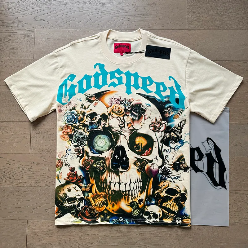 3001# P110 Real shot Godspeed American fashion rock street retro loose printed cotton short sleeves Fabric: 240g 32 count fine cotton double yarn pure cotton Color: apricot Size: S M L XL