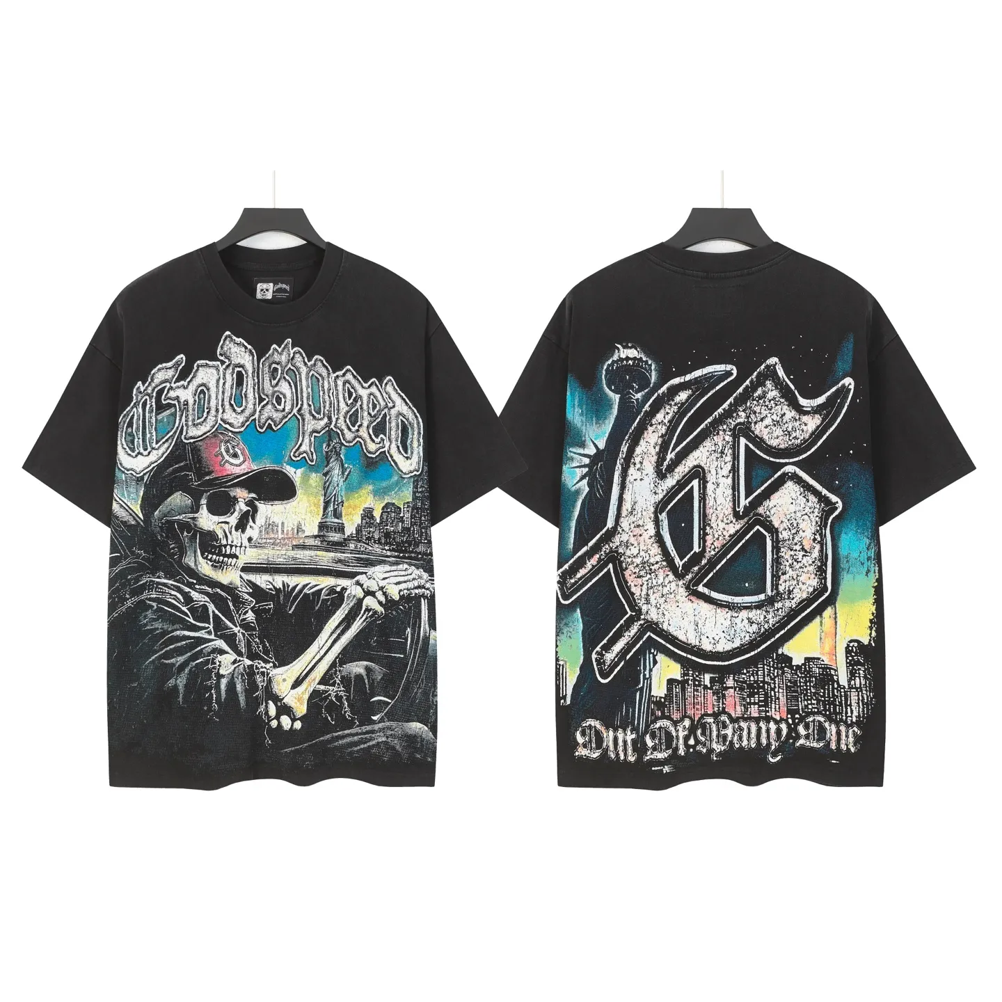 6093# Washed black I P116 High-definition printing. Soft touch Godspeed Cross-border American rock and roll street washed retro style Short-sleeved T (craft printing) Fabric (fabric): 32 counts combed double yarn 250 grams weight Size (size): S-M-L-XL Color (colour): Washed black 👉 👉 👉 👉