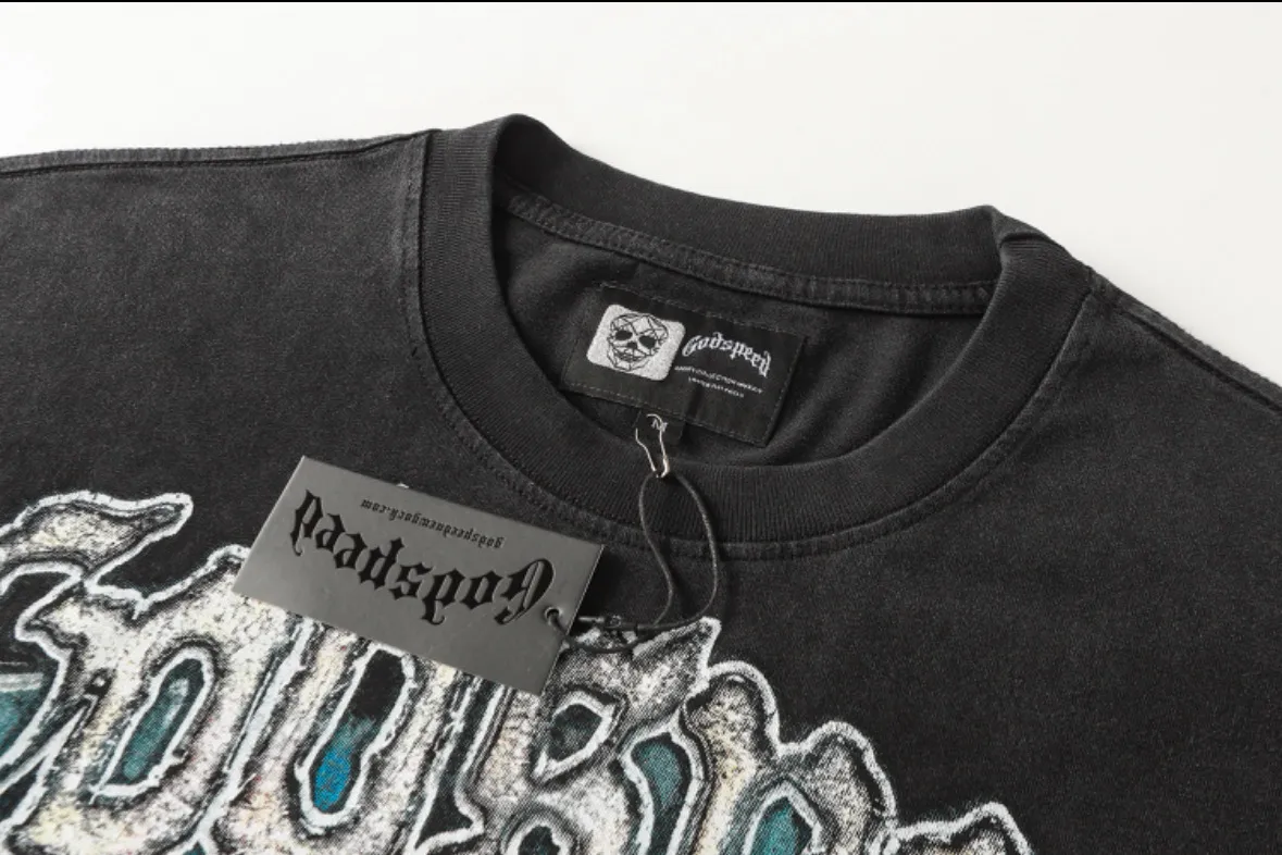 6093# Washed black I P116 High-definition printing. Soft touch Godspeed Cross-border American rock and roll street washed retro style Short-sleeved T (craft printing) Fabric (fabric): 32 counts combed double yarn 250 grams weight Size (size): S-M-L-XL Color (colour): Washed black 👉 👉 👉 👉