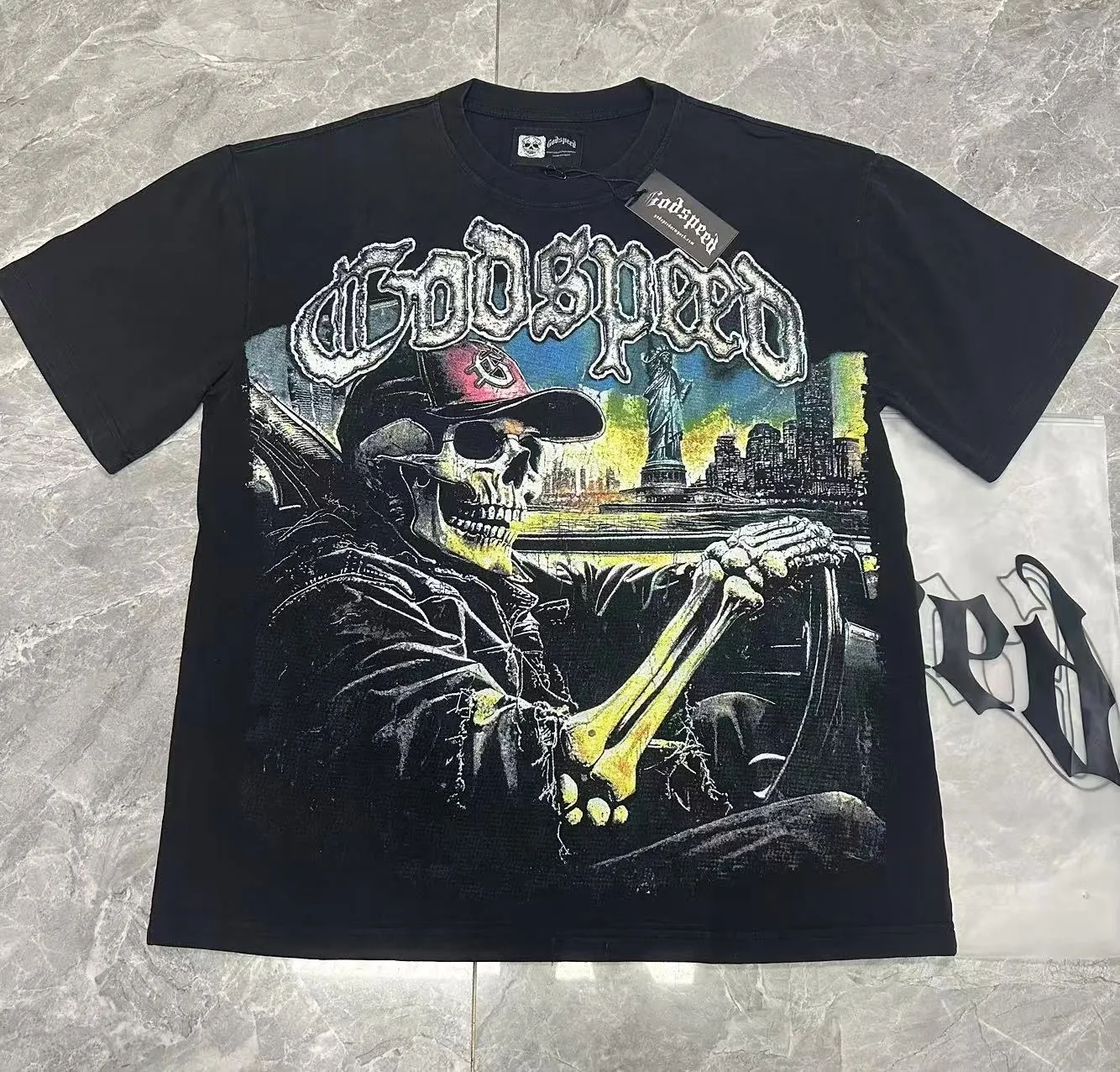 6093# Washed black I P116 High-definition printing. Soft touch Godspeed Cross-border American rock and roll street washed retro style Short-sleeved T (craft printing) Fabric (fabric): 32 counts combed double yarn 250 grams weight Size (size): S-M-L-XL Color (colour): Washed black 👉 👉 👉 👉