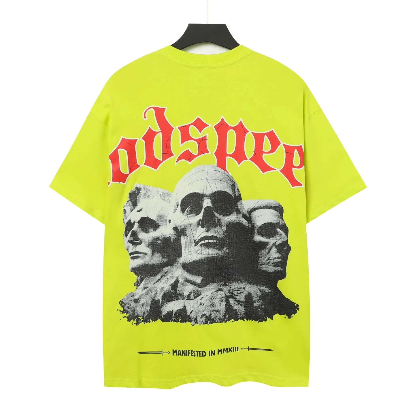 5033# Fluorescent Green｜P104 Godspeed cross-border American rock and roll street washed retro style short-sleeved T (craft printing) fabric (fabric) 32-count combed double yarn 240 grams weight code number (size): S-M-L-XL color (colour): fluorescent green