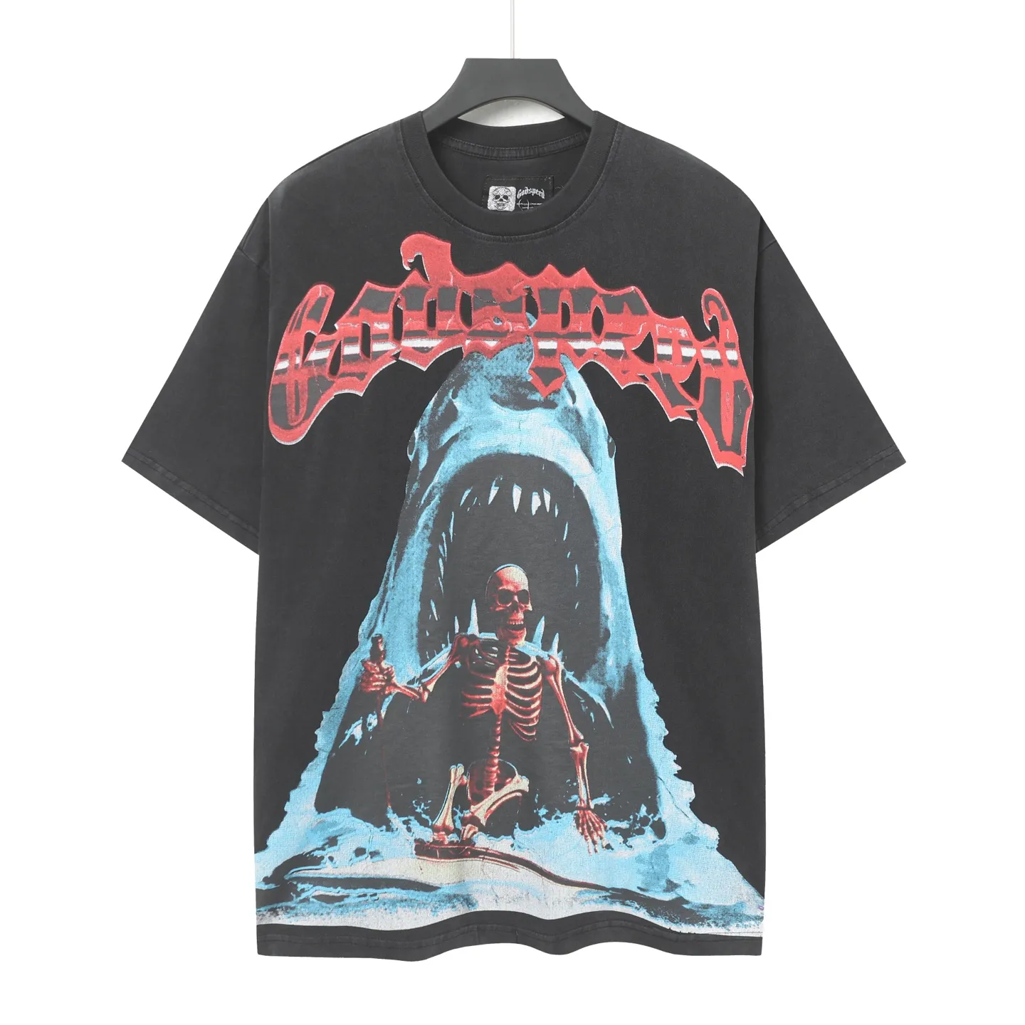 6025# washed black｜P116 Godspeed cross-border American rock and roll street washed retro style short-sleeved T (craft printing) fabric (fabric): 32 count combed double yarn 250 grams weight code (size): S-M-L-XL color (colour): washed black 👉