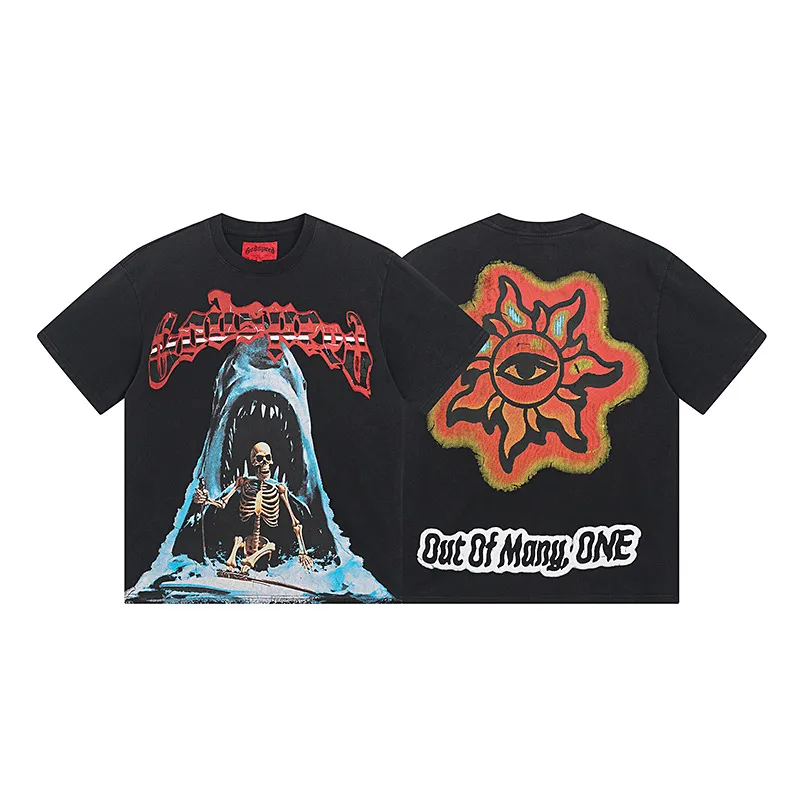 6025# washed black｜P116 Godspeed cross-border American rock and roll street washed retro style short-sleeved T (craft printing) fabric (fabric): 32 count combed double yarn 250 grams weight code (size): S-M-L-XL color (colour): washed black 👉