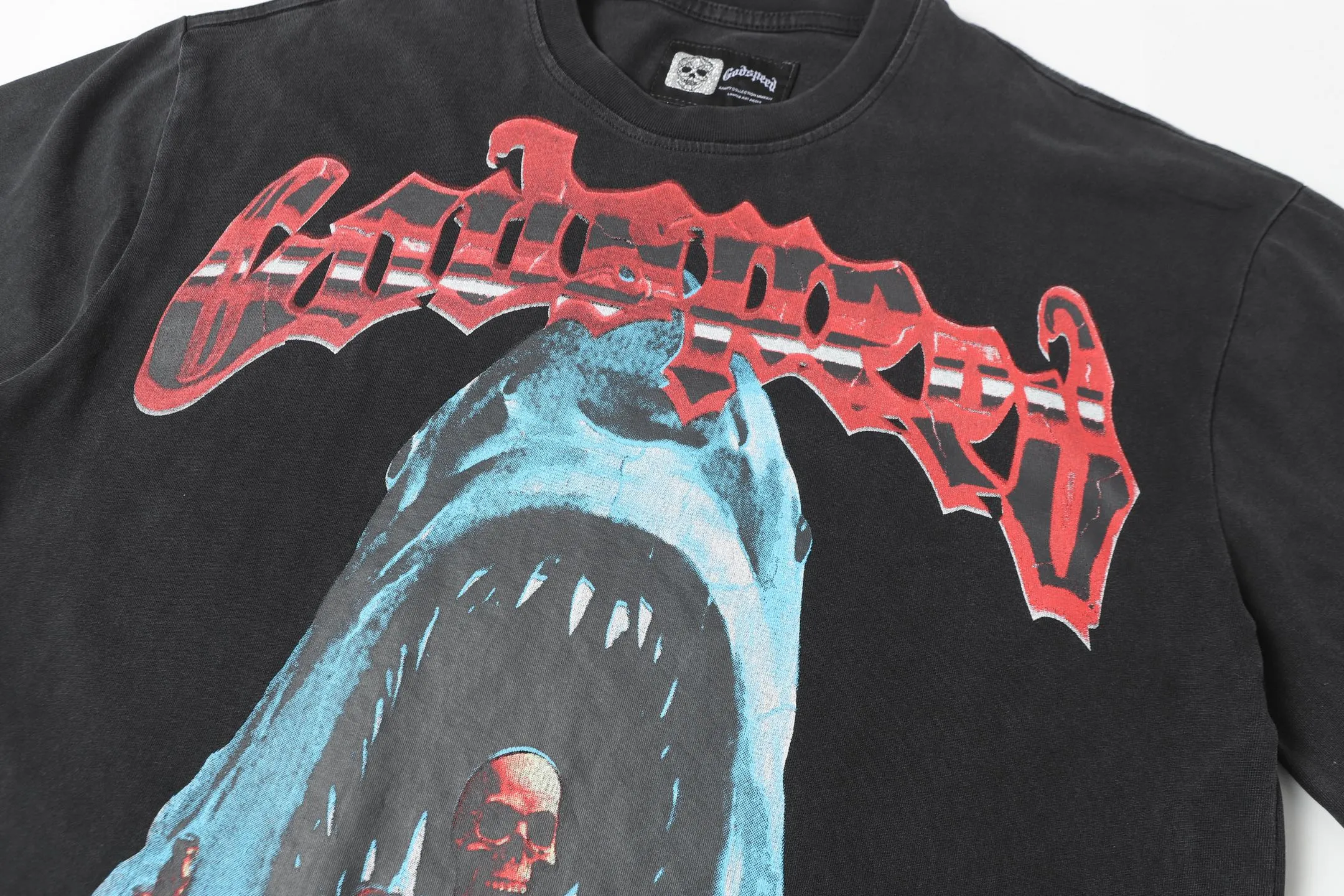 6025# washed black｜P116 Godspeed cross-border American rock and roll street washed retro style short-sleeved T (craft printing) fabric (fabric): 32 count combed double yarn 250 grams weight code (size): S-M-L-XL color (colour): washed black 👉