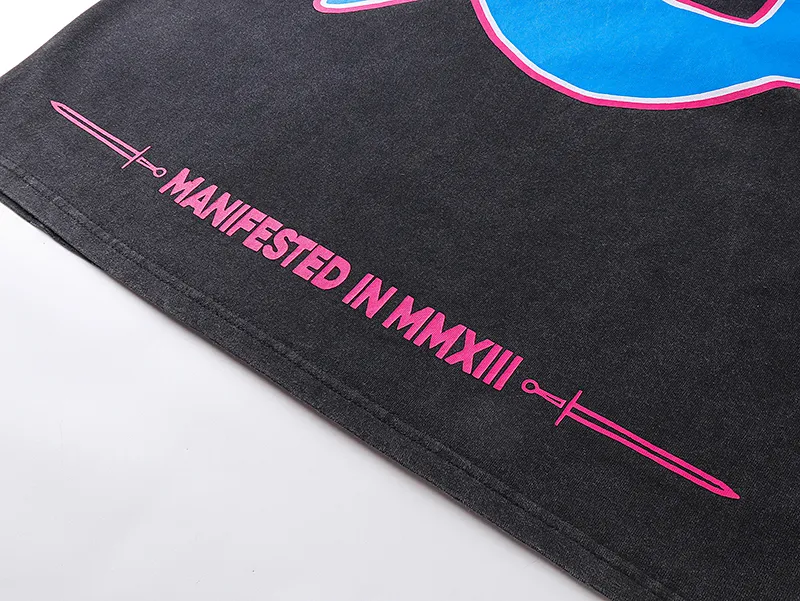 1070# P126 Washed Black Real Shot Godspeed American Fashion Rock Street Retro Washed Distressed Printed Cotton Short Sleeves Fabric: 250g 32 Count Fine Cotton Double Yarn Pure Cotton Color: Washed Black Size: S M L XL