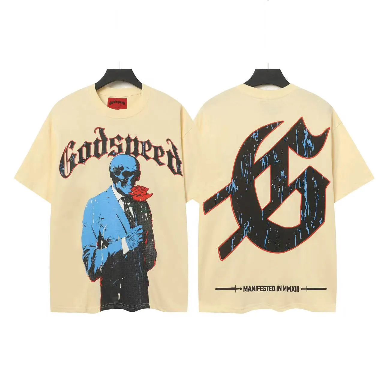 5021#White/Apricot｜P104 Godspeed cross-border American rock and roll street washed retro style short-sleeved T (craft printing) fabric (fabric): 32 count combed double yarn 240 grams weight code number (size): S-M-L-XL color (colour): white, apricot,
