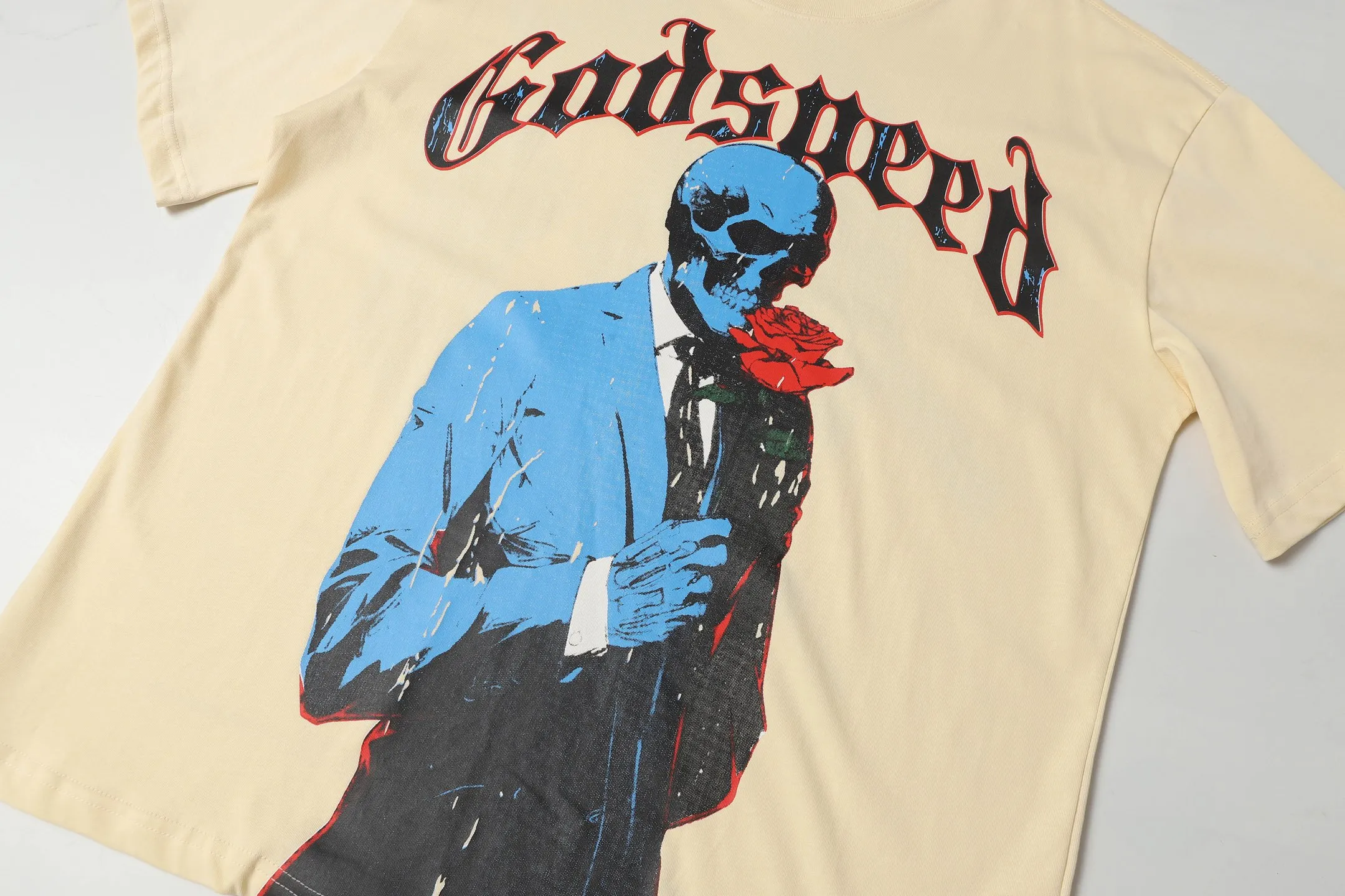 5021#White/Apricot｜P104 Godspeed cross-border American rock and roll street washed retro style short-sleeved T (craft printing) fabric (fabric): 32 count combed double yarn 240 grams weight code number (size): S-M-L-XL color (colour): white, apricot,