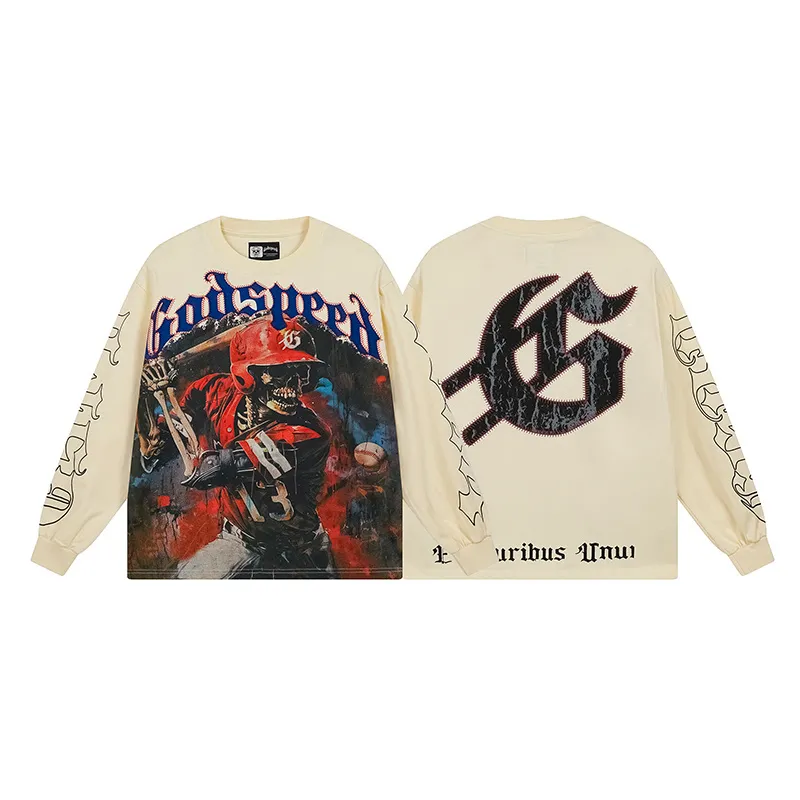 3159# P140 Real shot of Godspeed American fashion rock street pure cotton loose bottoming long-sleeved T-shirt long T. Fabric: 270g 32 count fine cotton double yarn pure cotton Color: Apricot Code number: S M L XL