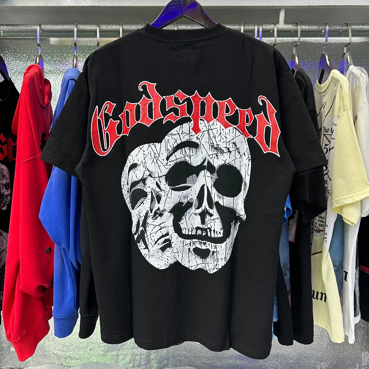 Actual photo, No. 7071, Mechao Godspeed double-sided skull face print high-quality double yarn pure cotton casual short-sleeved T-shirt batch 110 Color: black, white; Size: S M L XL