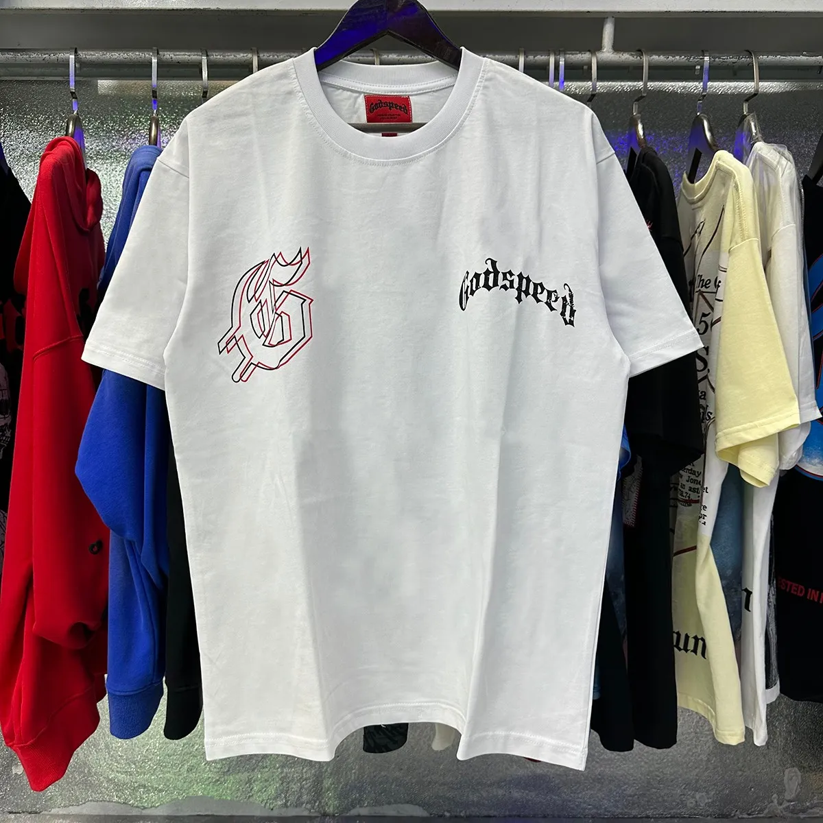 Actual photo, No. 7071, Mechao Godspeed double-sided skull face print high-quality double yarn pure cotton casual short-sleeved T-shirt batch 110 Color: black, white; Size: S M L XL