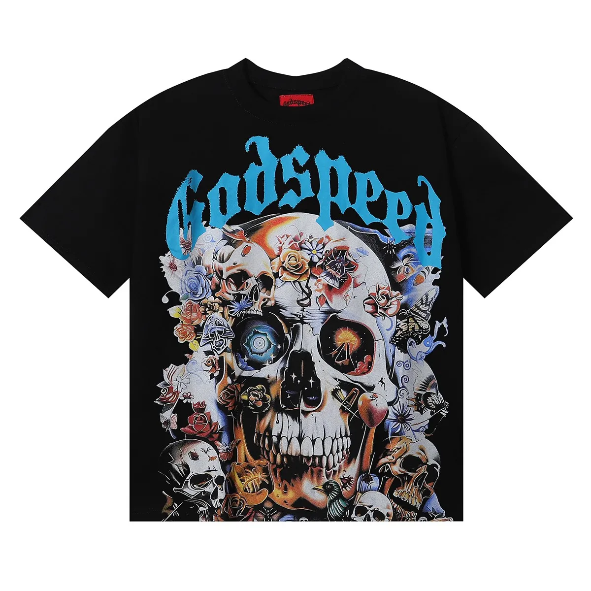 No. 7012, Mechao Godspeed skull rose high-definition printed high-quality double yarn pure cotton casual short-sleeved T-shirt batch 110 Color: black, apricot; Size: S M L XL