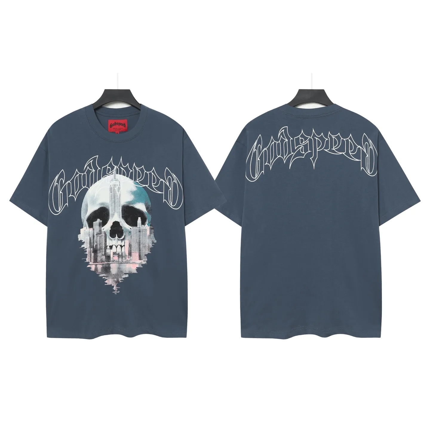 5087#seawater blue I P104 Godspeed cross-border American rock and roll street washed retro style short-sleeved T (craft printing) fabric (fabric) 32 combed double yarns 240 grams weight code number (size): S-M-L-XL color (colour): sea blue