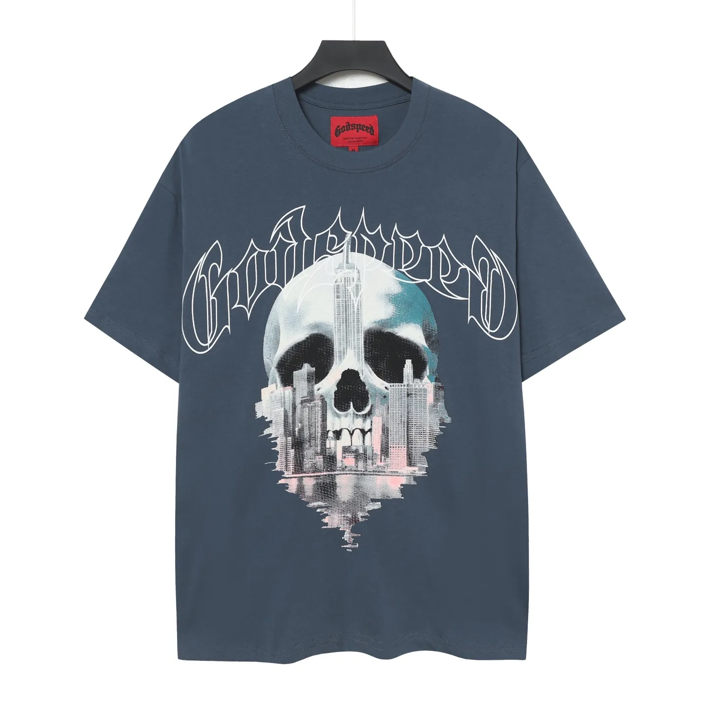 5087#seawater blue I P104 Godspeed cross-border American rock and roll street washed retro style short-sleeved T (craft printing) fabric (fabric) 32 combed double yarns 240 grams weight code number (size): S-M-L-XL color (colour): sea blue