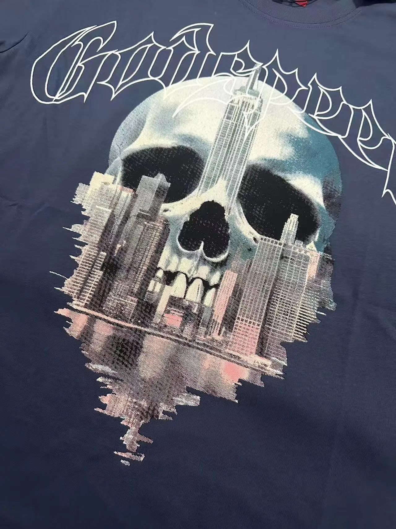 5087#seawater blue I P104 Godspeed cross-border American rock and roll street washed retro style short-sleeved T (craft printing) fabric (fabric) 32 combed double yarns 240 grams weight code number (size): S-M-L-XL color (colour): sea blue
