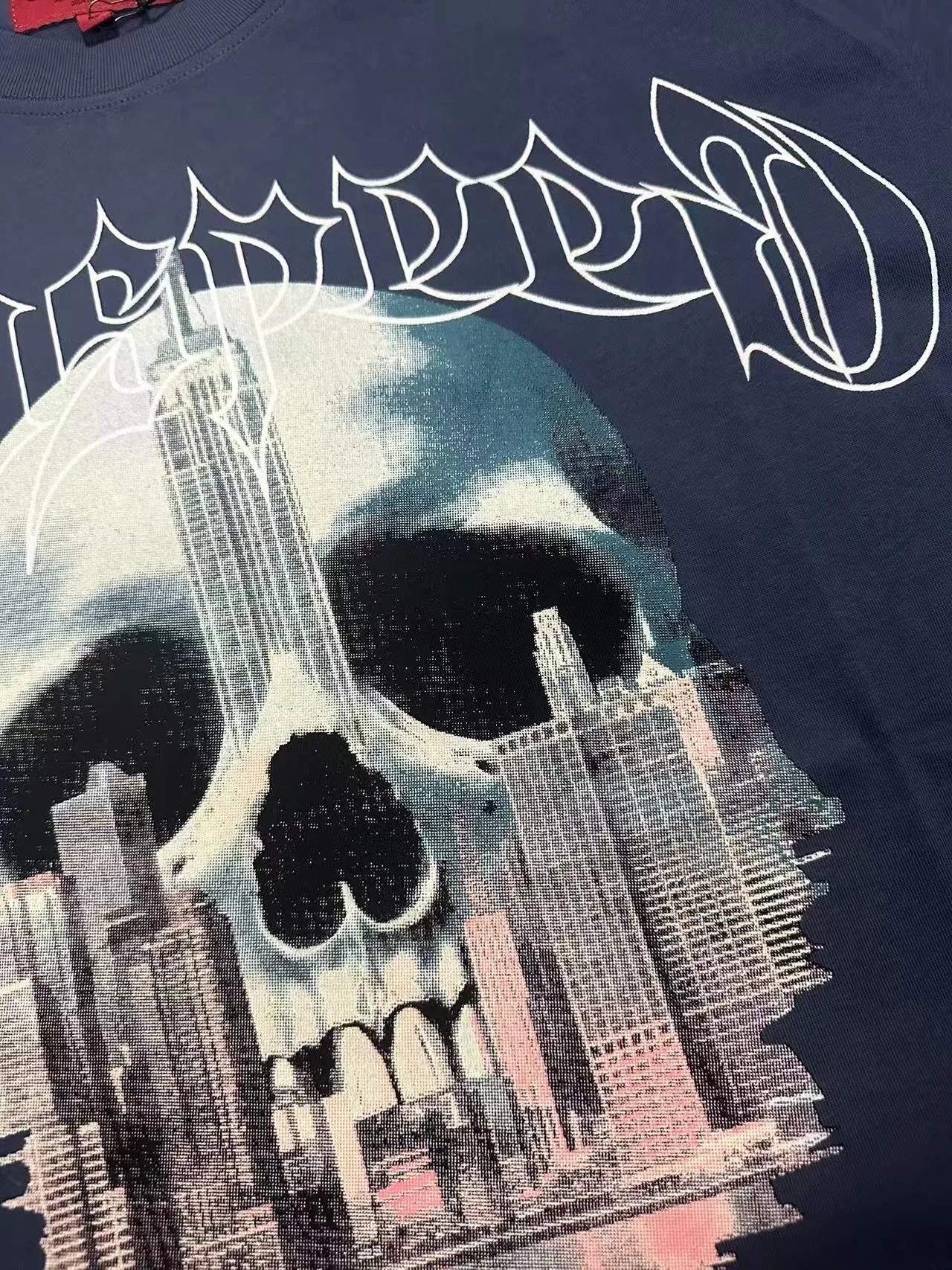 5087#seawater blue I P104 Godspeed cross-border American rock and roll street washed retro style short-sleeved T (craft printing) fabric (fabric) 32 combed double yarns 240 grams weight code number (size): S-M-L-XL color (colour): sea blue