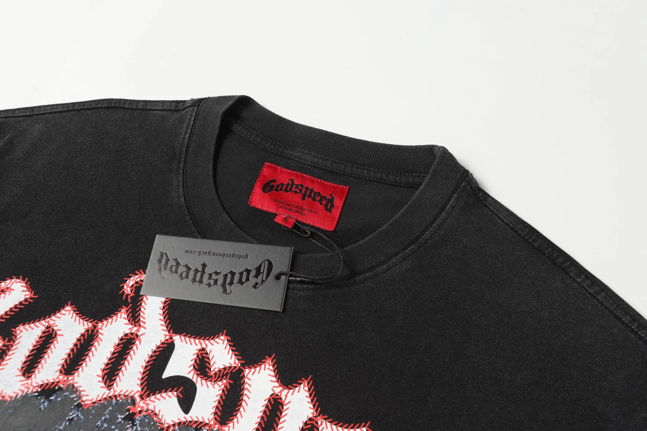 6068#washed black｜P116 Godspeed cross-border American rock and roll street washed retro style short-sleeved T (craft printing) fabric (fabric): 32 count combed double yarn 250g weight code number (size): S-M-L-XL color (colour): washed black