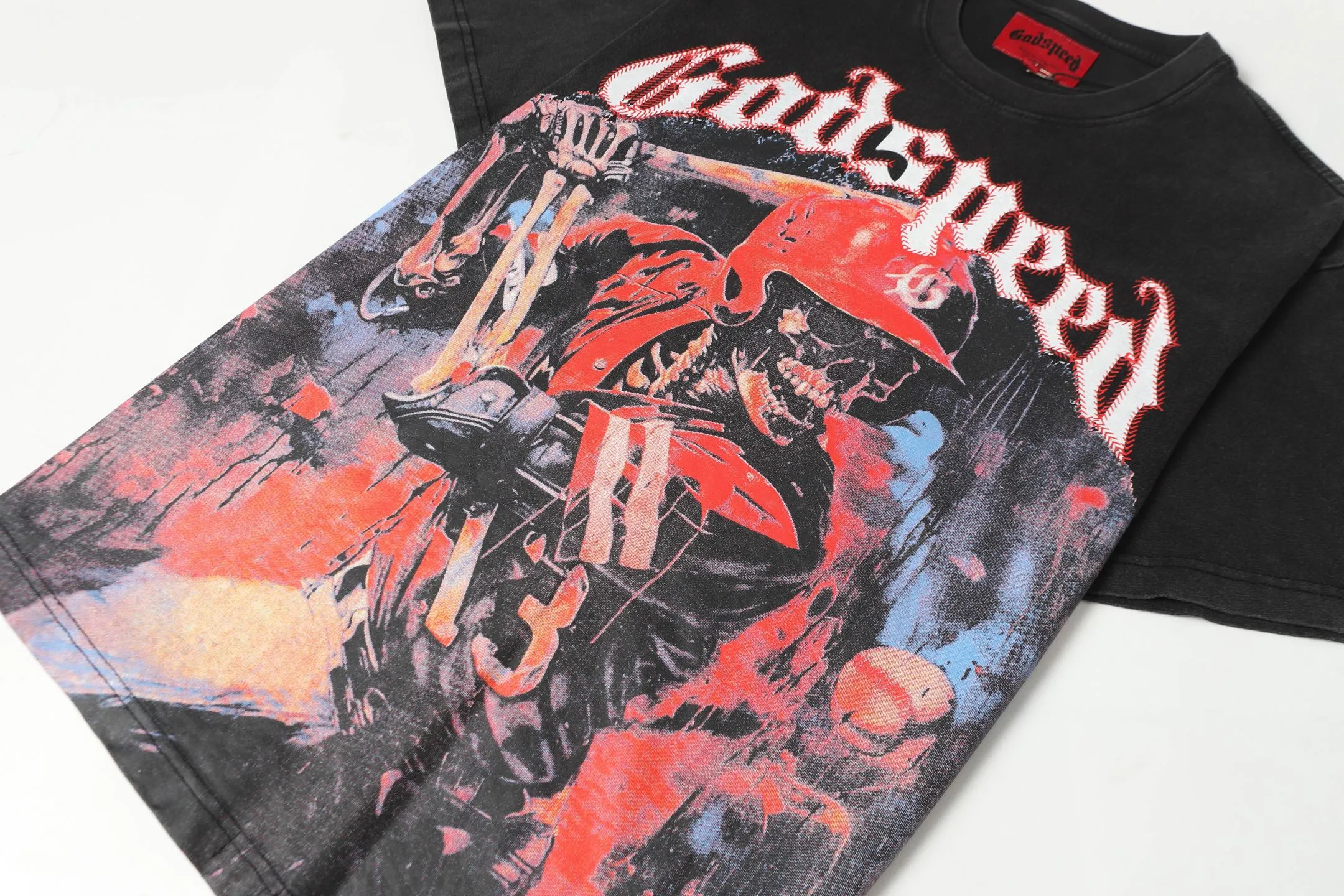 6068#washed black｜P116 Godspeed cross-border American rock and roll street washed retro style short-sleeved T (craft printing) fabric (fabric): 32 count combed double yarn 250g weight code number (size): S-M-L-XL color (colour): washed black