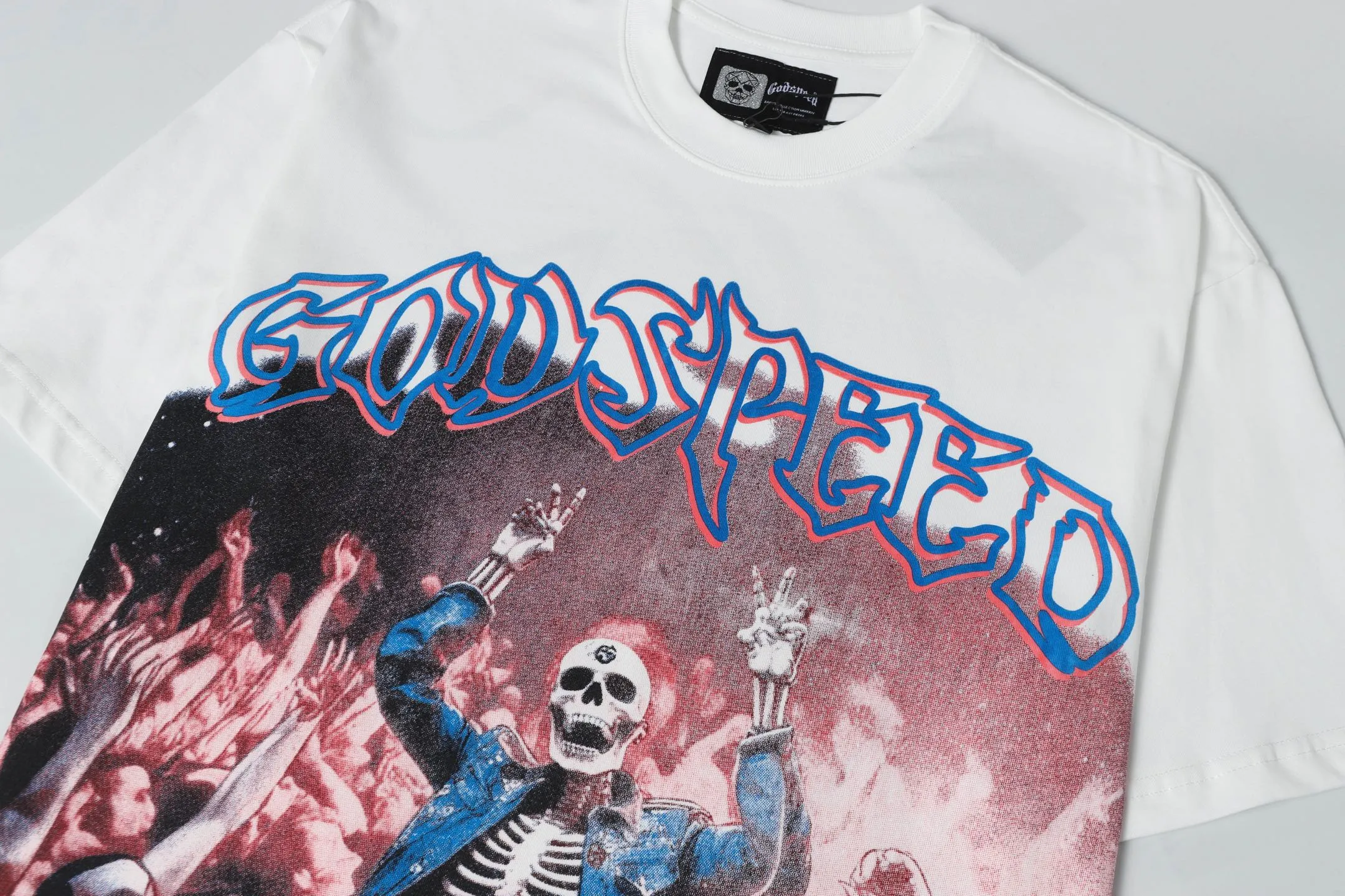 5058#｜P104 Godspeed cross-border American rock and roll street washed retro style short-sleeved T (craft printing) fabric (fabric): 32 count combed double yarn 240 grams weight code number (size): S-M-L-XL color (colour): white