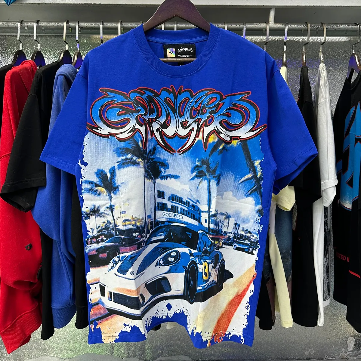 Actual photo, No. 7075, Mechao Godspeed supercar beach road printing high quality double yarn pure cotton casual short-sleeved T-shirt batch 110 Color: black, white, blue; Size: S M L XL