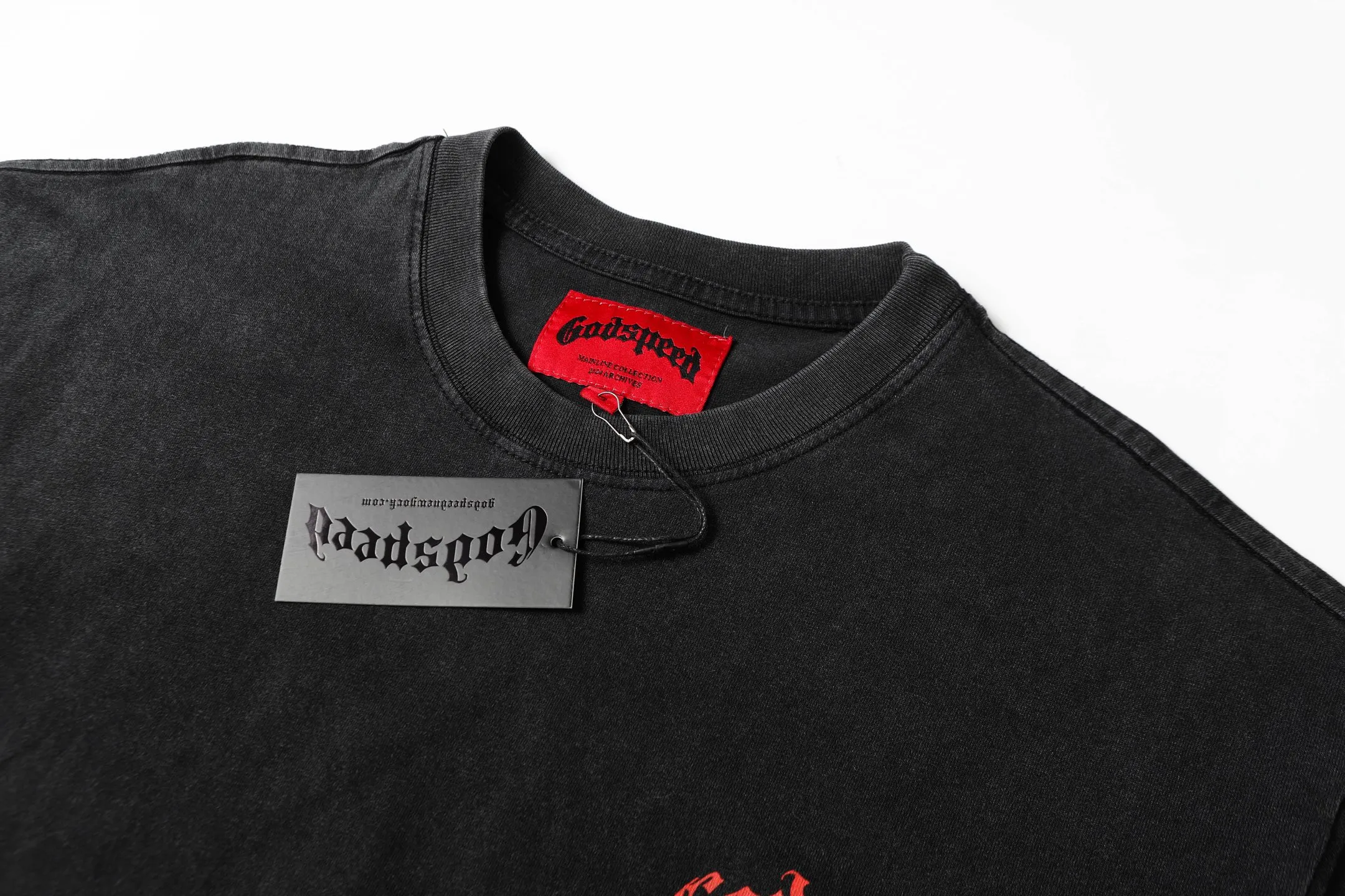 6052#washed black｜P116 Godspeed cross-border American rock and roll street washed retro style short-sleeved T (craft printing) fabric (fabric): 32 count combed double yarn 250g weight code number (size): S-M-L-XL color (colour): washed black
