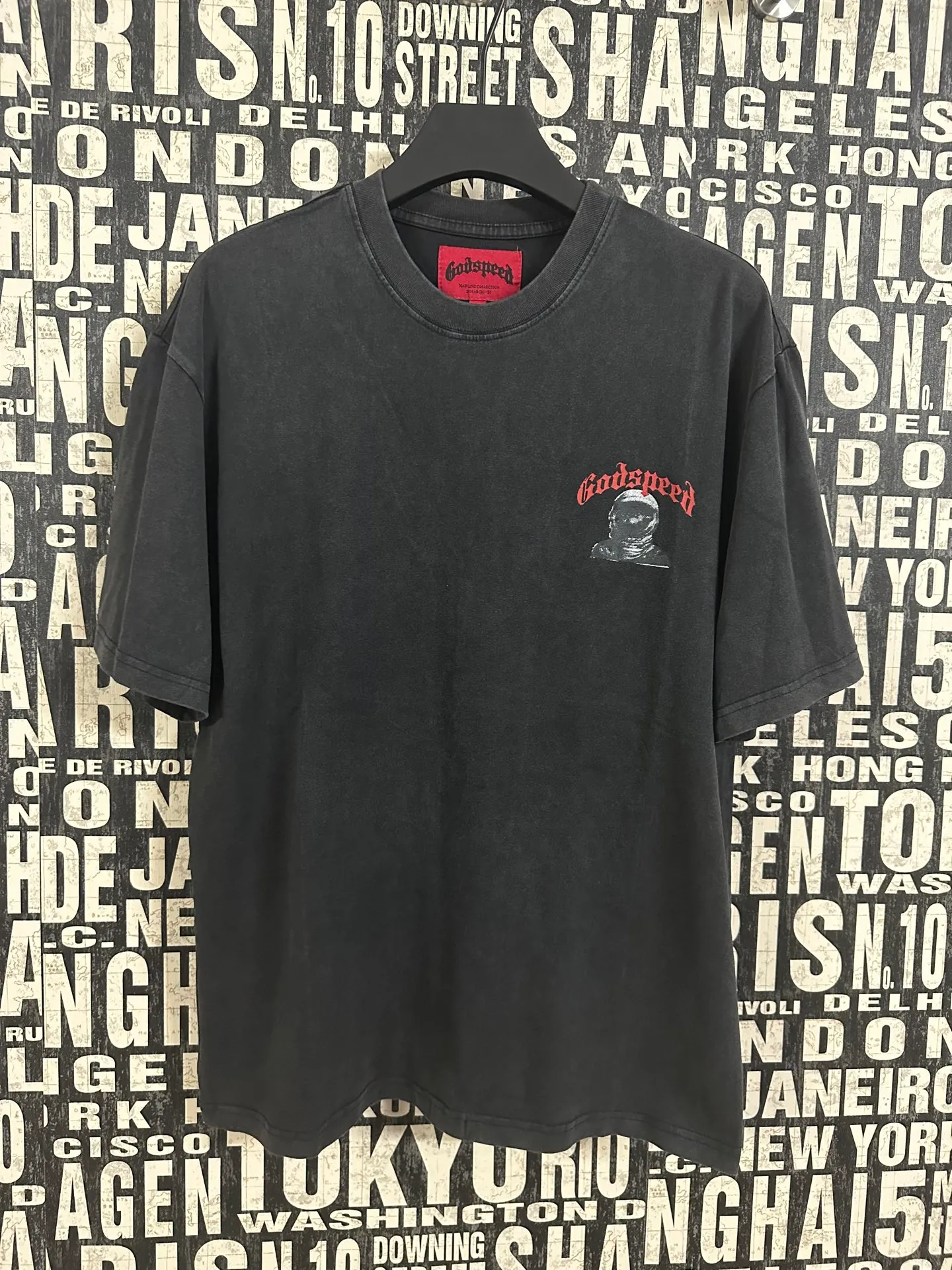 6052#washed black｜P116 Godspeed cross-border American rock and roll street washed retro style short-sleeved T (craft printing) fabric (fabric): 32 count combed double yarn 250g weight code number (size): S-M-L-XL color (colour): washed black