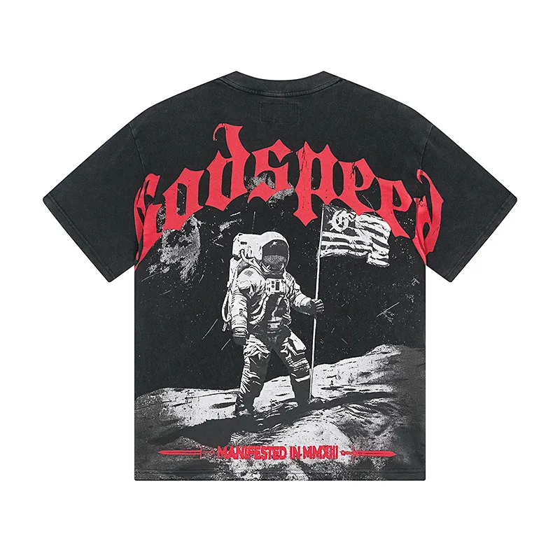 6052#washed black｜P116 Godspeed cross-border American rock and roll street washed retro style short-sleeved T (craft printing) fabric (fabric): 32 count combed double yarn 250g weight code number (size): S-M-L-XL color (colour): washed black