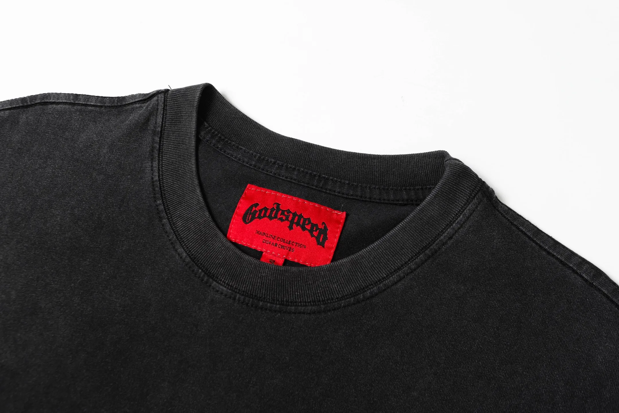 6052#washed black｜P116 Godspeed cross-border American rock and roll street washed retro style short-sleeved T (craft printing) fabric (fabric): 32 count combed double yarn 250g weight code number (size): S-M-L-XL color (colour): washed black