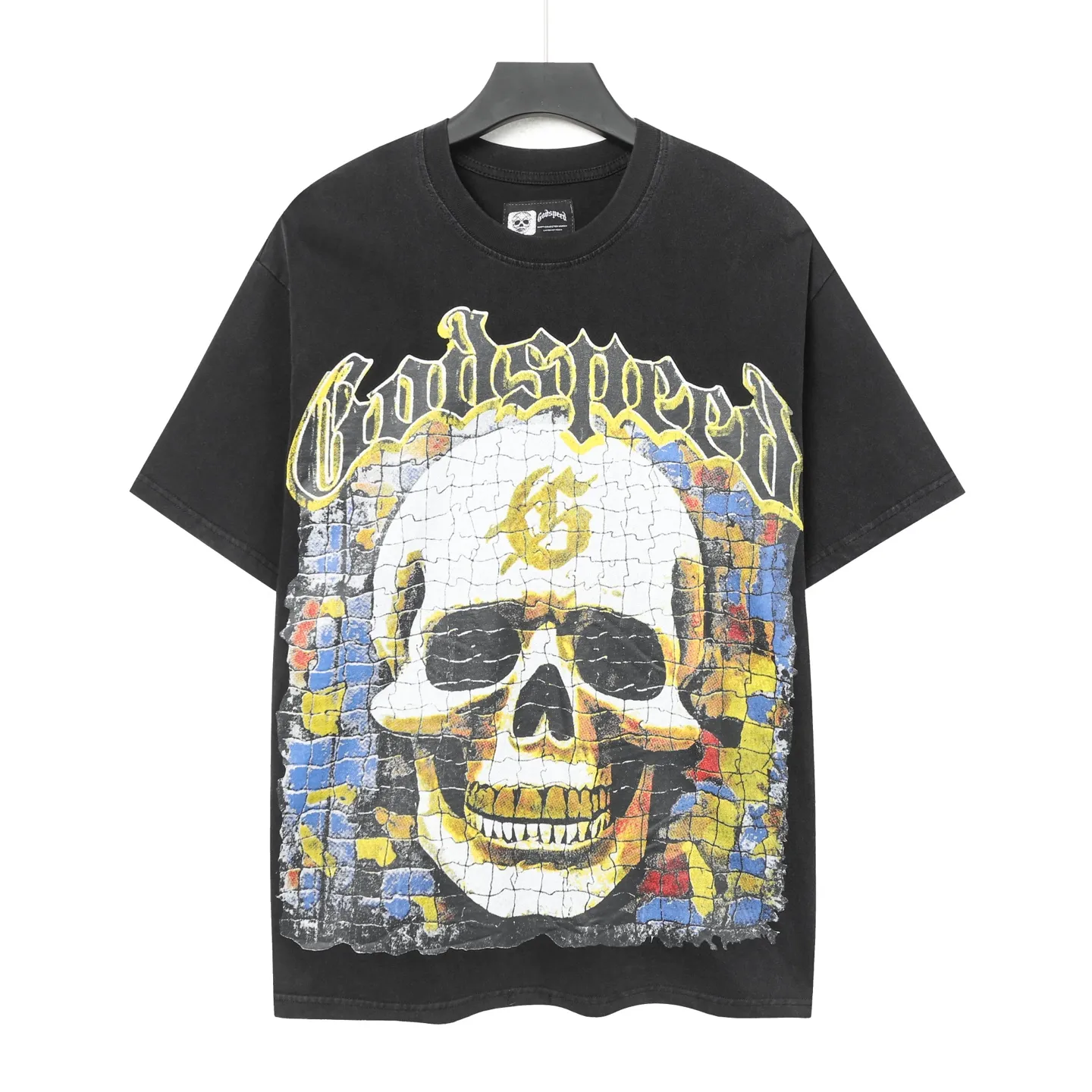 6009#washed black｜P116 Godspeed cross-border American rock and roll street washed retro style short-sleeved T (craft printing) fabric (fabric): 32 count combed double yarn 250g weight size (size): S-M-L-XL color (colour): washed black 👉