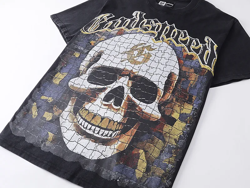 6009#washed black｜P116 Godspeed cross-border American rock and roll street washed retro style short-sleeved T (craft printing) fabric (fabric): 32 count combed double yarn 250g weight size (size): S-M-L-XL color (colour): washed black 👉