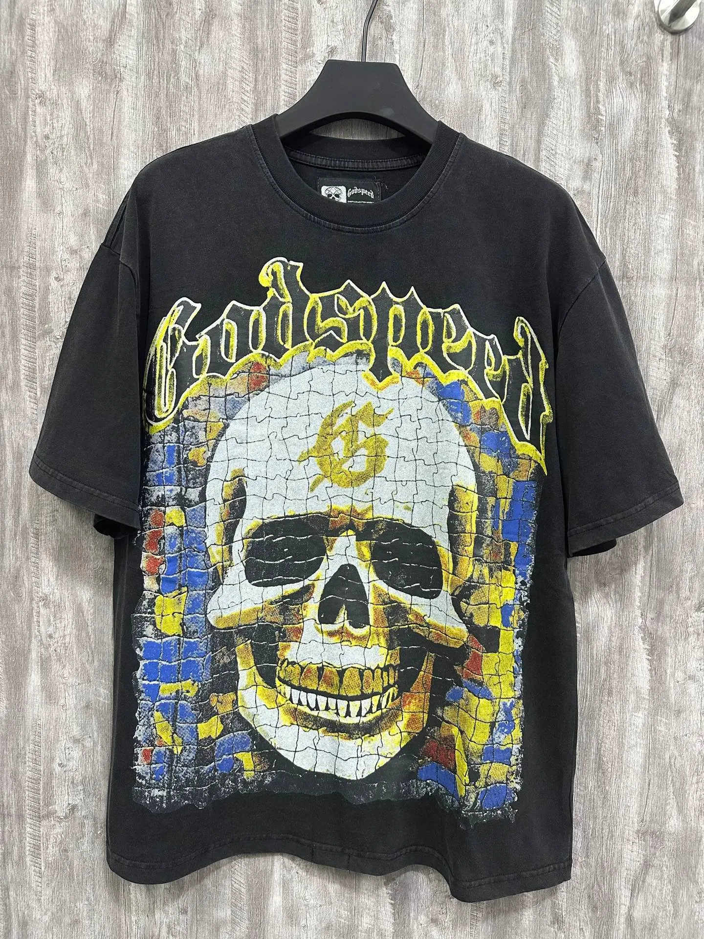 6009#washed black｜P116 Godspeed cross-border American rock and roll street washed retro style short-sleeved T (craft printing) fabric (fabric): 32 count combed double yarn 250g weight size (size): S-M-L-XL color (colour): washed black 👉