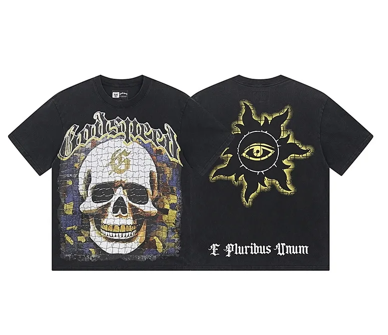 6009#washed black｜P116 Godspeed cross-border American rock and roll street washed retro style short-sleeved T (craft printing) fabric (fabric): 32 count combed double yarn 250g weight size (size): S-M-L-XL color (colour): washed black 👉