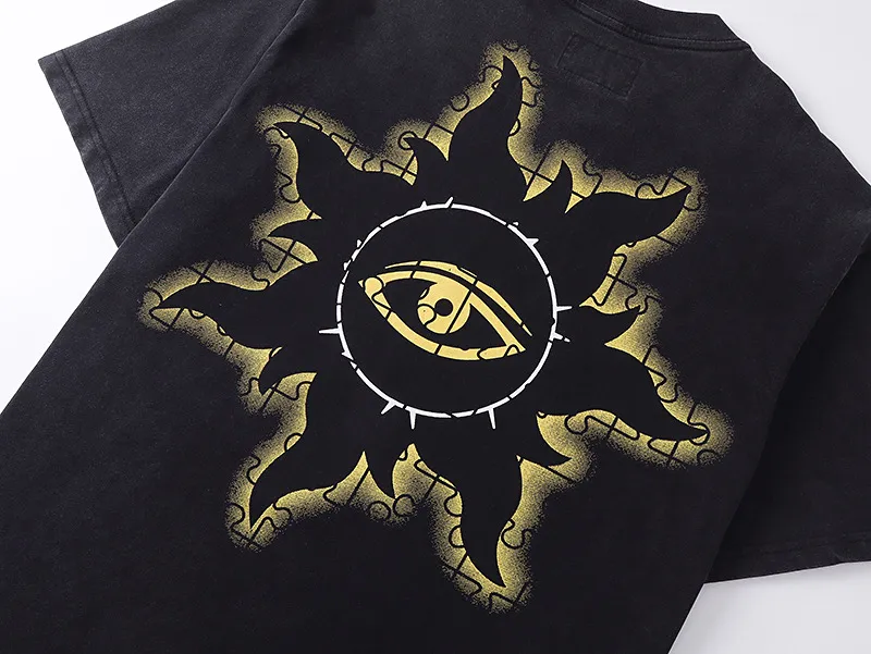 6009#washed black｜P116 Godspeed cross-border American rock and roll street washed retro style short-sleeved T (craft printing) fabric (fabric): 32 count combed double yarn 250g weight size (size): S-M-L-XL color (colour): washed black 👉
